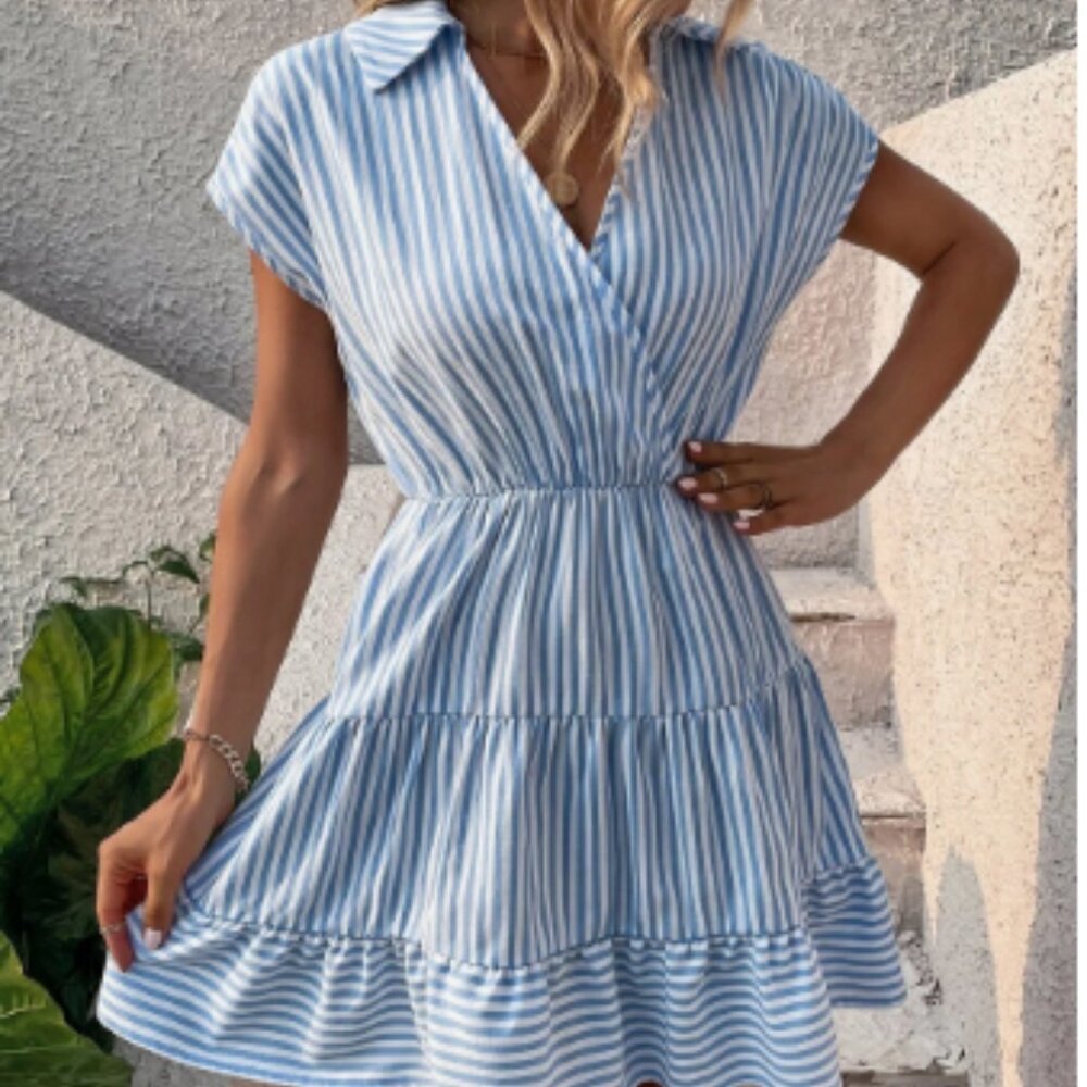 💚 Shein Blue Preppy Striped Collared Preppy Summer Dress